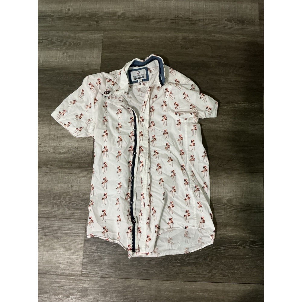 International Report Men's Small Palm Tree Button Up White Shirt Vacation Beach